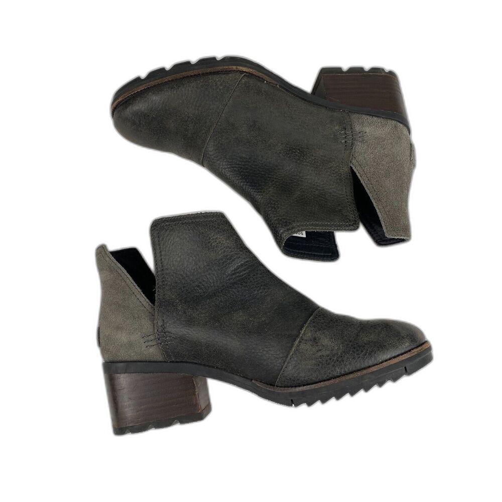 Sorel Cate Cut-Out Boot Womens 8.5 Waterproof Gray Leather Heel Bootie Grunge